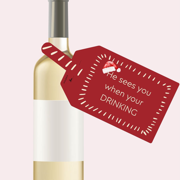 Christmas Wine Bottle DIY Tag (He sees you when you're drinking RED)