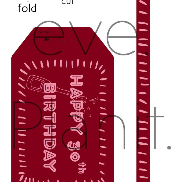 Happy 30th Birthday Maroon/Pink Wine Bottle DIY Tags